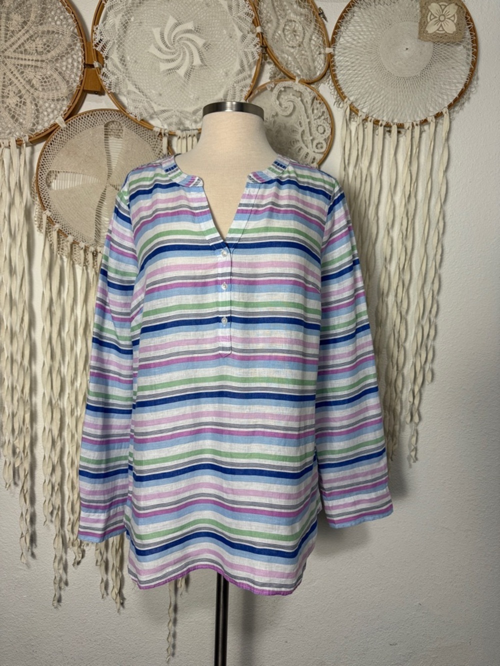 Talbots Stripe Linen Camp Shirt with Roll Tab Long Sleeve Size Large - Picture 2 of 12
